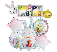 Lot de 7 grands ballons de Pâques en forme d'œuf de poule en mylar blanc, vert, jaune, violet pour la maison, décorations de fête à thème heureux, fournitures d'événement et bracelets