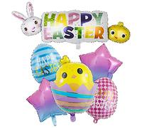 Lot de 7 grands ballons de Pâques en forme d'œuf de poule en mylar pour tables et chaises d'événement - Blanc, vert, jaune, violet - Pour la maison, les fêtes à thème des années 90 - Décorations de