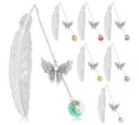 Lot de 7 marque-pages à plumes en métal avec pendentif papillon 3D, cadeau pour les amateurs de livres, lecteurs, enseignants et étudiants, décorations de boîte cadeau de Noël (plume argentée)