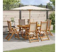 Lot de 7 meubles de jardin en bois d'acacia et textilène massif, composé de chaises réglables à 5 positions et d'une table pliante avec un trou pour parapluie, robuste