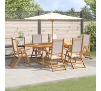 Lot de 7 meubles de jardin en bois d'acacia et textilène massif, composé de chaises réglables à 5 positions et d'une table pliante avec un trou pour parapluie, robuste