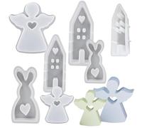 Lot de 7 moules en silicone de Pâques avec cœur, lapin de Pâques, maison, ange, moules en silicone, moules de Pâques, moules à couler en silicone, moules de Pâques, décoration alimentaire pour Noël