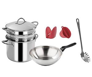 Lot de 7 pâtes, 100% acier, composé de Pastamania avec fond Servispaghetti Mediterranea, Sauteuse à pâtes Le Inoxidable, 2 pièces en silicone