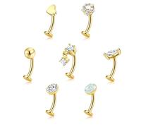 Lot de 7 Piercing Nombril Acier Chirurgical Piercing Nombril Anneau Plat 14G Hypoallergénique Coeur étoiles Piercings Barre Nombrils Percings Or Argenté et Opale Véritable Idéal pour Femme 8-14mm