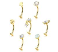Lot de 7 Piercing Nombril Acier Chirurgical Piercing Nombril Anneau Plat 14G Hypoallergénique Coeur étoiles Piercings Barre Nombrils Percings Or Argenté et Opale Véritable Idéal pour Femme 8-14mm