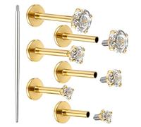 Lot de 7 piercings hélix pour oreille, tragus, 16 g, avec aiguille de piercing, or, zircone, filetage intérieur, plat, bijoux de piercing pour lobe d'oreille, nez, lèvres, labret, cartilage, conque