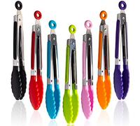Lot de 7 pinces de cuisine de 17,8 cm avec poignées en silicone en acier inoxydable et embouts en nylon résistantes à la chaleur pour cuisiner, servir, barbecue, griller, salade et plus encore