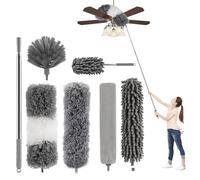 Lot de 7 plumeaux télescopiques, tête de Loup - Longueur maximale : 256 cm - en Microfibre Lavable - pour plafonds - Gris
