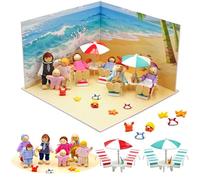 Lot de 7 poupées pliantes en bois pour maison de poupée, 18 accessoires de maison de poupée, avec scène de plage, parasol intérieur, étoile de mer, crabe, etc. Pour garçons et filles à partir de 3 ans