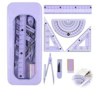 Lot de 7 rapporteurs et boussole, ensemble de géométrie violette pour l'école secondaire, coque en métal avec règle de 15 cm, rapporteur à 180°, deux triangles, recharges et gomme, ensemble de