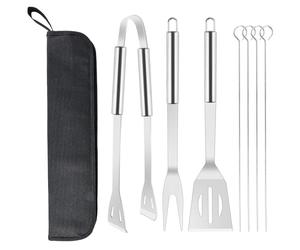 Lot de 7 ustensiles de barbecue - Fourchette à barbecue - Pinces à barbecue - Spatule - Baguettes - En acier inoxydable - Avec sac de transport - Pour le jardin et le camping