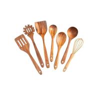 Lot de 7 ustensiles de cuisine en bois de teck - Outils de cuisine naturels avec spatule, louche, palette de riz, passoire et fouet, résistant à la chaleur et anti-rayures pour tous les ustensiles de