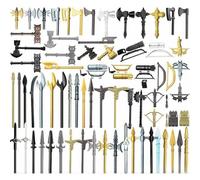 Lot de 71 blocs de construction d'armes médiévales comprenant des lances, des bâtons longs, des haches, des marteaux, des nœuds et des flèches pour mini soldats, parfait pour les modèles de scène