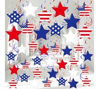 Lot de 72 décorations à suspendre pour le 4 juillet - Décoration de fête - Rouge, blanc, bleu - Étoiles tourbillon patriotique - Décorations de plafond américaines en aluminium pour le 4 juillet