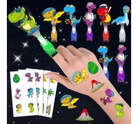 Lot de 72 tatouages temporaires en forme de dinosaure avec lumières LED pour doigts - Sacs à friandises d'anniversaire - Jouets lumineux en vrac - Cadeaux d'échange de classe