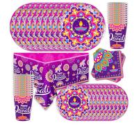 Lot de 73 pièces de vaisselle Diwali New Party sur le thème de Diwali, avec gobelets en carton, serviettes en papier, assiettes en carton et nappes, adaptées pour une fête de 24 personnes