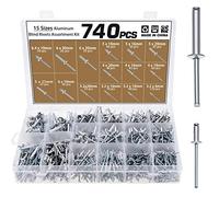 Lot de 740 rivets aveugles 15 tailles 6,4 mm/6 mm/5 mm/4 mm/3,2 mm en aluminium à tête bombée auto-enfichable pour décoration de clous