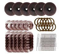 Lot de 76 pièces pour chignon pour enfants avec 6 cheveux bruns pour chignons, donuts bruns, filet invisible, 20 clips en forme de U, 40 bandes élastiques, 10 pour ballet, yoga, course à pied, sport