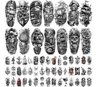 Lot de 77 feuilles de tatouages temporaires pour adultes et enfants - Faux tatouages imperméables - 17 grands et 60 petits autocollants noirs - Motif pirate et tête de mort
