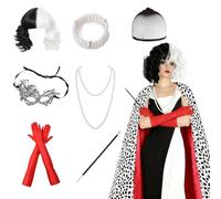Lot de 8 accessoires de costume de diable avec cape longue, perruque, gants longs, collier de perles, bracelet de perles, accessoires de poche, masque, filet à cheveux pour la journée mondiale du