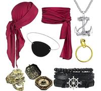 Lot de 8 accessoires de costume de pirate pour homme et femme - Costume de pirate médiéval - Foulard de pirate - Cache-œil - Ancre - Collier - Bracelet - Boucles d'oreilles dorées - Bague tête de mort