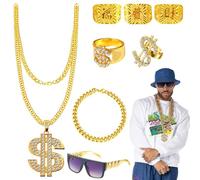 Lot de 8 accessoires de costume hip-hop, décorations de fête hip-hop, accessoires de déguisement hip-hop des années 80/90 pour enfants et adultes, bague hip-hop, lunettes hippie, rappeur, disco