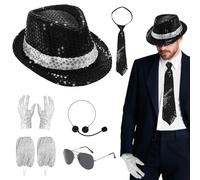 Lot de 8 accessoires de costume MJ - Danseur Rocker Star des années 80 avec chapeau à paillettes jazz gants chaussettes tête microphone cravate lunettes de soleil King of Pop pour fête à thème années