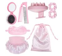 Lot de 8 accessoires essentiels de soins capillaires pour femme comprenant des bonnets de douche en soie respirants, peigne portable, brosse de massage du cuir chevelu, serviette de cheveux à séchage