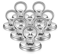Lot de 8 aimants de pêche magnétiques extra puissants de 36 mm - 55 kg - Avec trou - Aimant en néodyme extra puissant avec anneaux de levage et vis - Pour pêche magnétique, camping, industrie