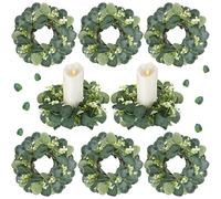 Lot de 8 Anneaux de Bougie en Forme de Feuilles d'eucalyptus artificielles, couronnes de Verdure pour piliers, couronnes bohème, bougeoirs pour fête de Mariage, Maison, Porte de Table (Style Vif)