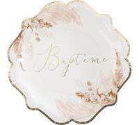 Lot de 8 assiettes en carton Baptême Pampas, Fleurs de coton et or