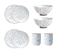 Lot de 8 assiettes en céramique de 2,4 cm + bol de 11,4 cm + tasse de 6,6 cm - Service de table à motif floral bleu pour cuisine, salle à manger, maison et restaurant, 2 de chaque style Set of 8 (c8)