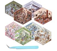 Lot de 8 autocollants 3D Scène 3D House Stickers DIY 3D House Stickers DIY 3D Stic-ker Scene Fun DIY Scene Stickers Your Own Supermarket Coffee Vintage Cartoon avec 1 pince à épiler