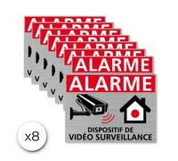 Lot de 8 autocollants alarme dispositif de vidéo surveillance - Adhésif aspect aluminium brossé - 150 x 90 mm