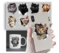 Lot de 8 autocollants en vinyle motif chat qui regarde, non transparent, étanche, trou dans le mur, 70 mm de haut, idéal pour coque de téléphone, tasses, scrapbooking, ordinateurs portables et plus