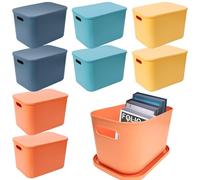 Lot de 8 bacs de rangement en plastique coloré avec couvercle et poignée, empilables et décoratifs, pour étagère, cuisine, salle de bain, bureau, 25,4 x 17,8 x 15,5 cm