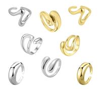 Lot de 8 bagues en or pour femme - En argent - Empilables - Géométrique irrégulière - Chunky - Cadeau réglable - Pour fiançailles, élégant, Synthèse, Synthèse