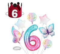 Lot de 8 ballons colorés, 1 chapeau d'anniversaire chiffre 6, ballon papillon rose, dégradé de couleur, convient pour la décoration de fête d'anniversaire des filles