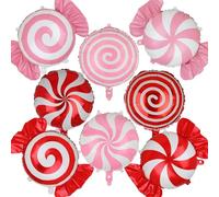 Lot de 8 ballons de Noël en forme de sucette en mylar pour décoration de fête d'anniversaire sur le thème des bonbons, rouge et rose