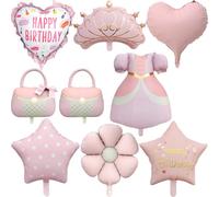 Lot de 8 ballons en aluminium rose avec sac à main et jupe de princesse - Décoration pour fête d'anniversaire de fille