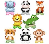Lot de 8 ballons géants en aluminium avec socle, motif animaux de la forêt, taille XXL, panda, lion, géant, à l'hélium, pour enfants, anniversaire, mariage, fête, zoo