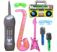 Lot de 8 ballons gonflables pour fête - Accessoires d'instruments de musique gonflables - Microphone - Basses - Radio - Téléphone - Rock Star Toy - Lunettes pour enfants et adultes - Concert - Danse