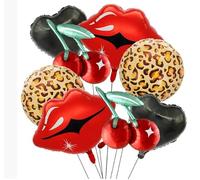 Lot de 8 ballons noirs et rouges avec imprimé cerise, nœud rouge, motif guépard et ballons en forme de cœur, parfait pour décorer les fêtes d'anniversaire des femmes ou les fêtes prénatales