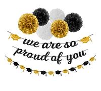 Lot de 8 banderoles de décoration de fête Noir/blanc/doré - Guirlande de casquettes, serpentins, pompons en papier, fleurs, « We are So Proud of You » Lasting Surprise
