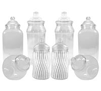 Lot de 8 bocaux à bonbons vides en plastique rétro assortis pour buffet de bonbons - Ajoutez simplement des bonbons (couvercle à pompon transparent)