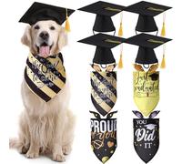 Lot de 8 bonnets de remise de diplôme pour chien et bandana 2024 pour animal de compagnie comprenant 4 chapeaux noirs de remise de diplôme pour chien avec pompon jaune, 4 bandanas de remise de diplôme
