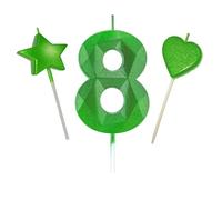 Lot de 8 bougies vertes en forme de diamant 3D de 7 cm de haut, couleur verte pailletée, décoration de gâteau d'anniversaire pour adultes/enfants, pâtisserie de famille (vert, 7 cm, 3D numéro 8)