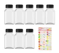 Lot de 8 bouteilles de jus en plastique avec 1 étiquette de fruit, contenants de boisson transparents, bouteilles de jus en plastique avec couvercles noirs pour le stockage du jus, du lait