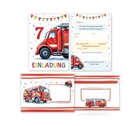 Lot de 8 cartes d'invitation avec 8 enveloppes pour 7e anniversaire d'enfant, garçons, pompiers, garçons, enfants, invitations colorées cool pour septième anniversaire