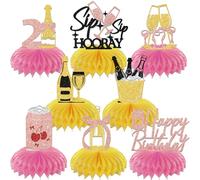 Lot de 8 centres de table en nid d'abeille « Happy 21st Birthday » - Décoration amusante pour 21 ans - Noir et or rose - Paillettes